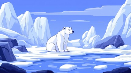 Poster - A majestic polar bear stands on glistening Arctic ice, showcasing glacial beauty in a vibrant, cool blue landscape.