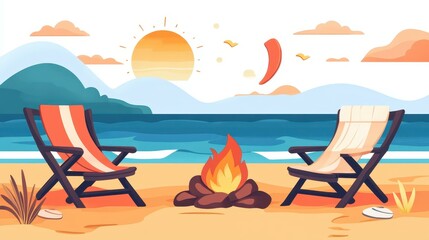 Poster - Enjoy a warm beachfront bonfire with cozy seating and a blanket, all while the waves create a soothing backdrop.