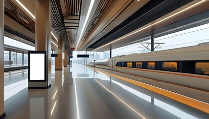 Dynamic train station featuring a blank advertising board and a speeding train, capturing the spirit of travel and movement