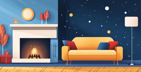 Poster - Experience a cozy loft surrounded by a winter wonderland and view the stunning aurora borealis in a magical night sky.