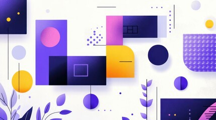 Wall Mural - Explore vibrant purple shades in a modern D geometric backdrop, featuring playful textures and a stylish cartoon aesthetic.