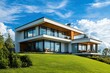 © deny - Beautiful modern design house home with blue sky and green grass