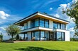 © deny - Beautiful modern design house home with blue sky and green grass