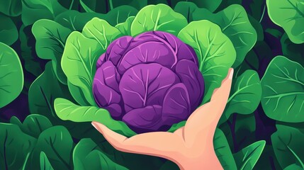 Poster - A hand cradles a vibrant purple cabbage, showcasing its rich texture against a lush green backdrop.