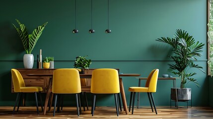 A contemporary dining space featuring a wooden table, bright yellow chairs, and a green wall with a minimalist sideboard for a fresh, modern look.