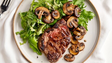 Poster - A top-down view of a steak dinner plate with a perfectly cooked steak, saut mushrooms, and a fresh green salad, presented on a white tablecloth