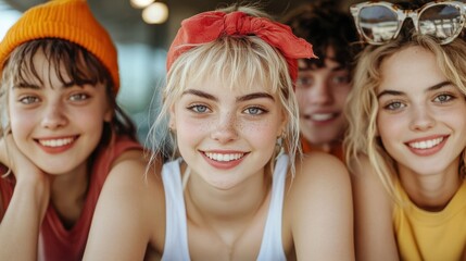 Canvas Print - A group of four girls with one wearing a red bandana, AI