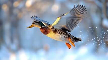 A mallard duck in flight with a snowy background.