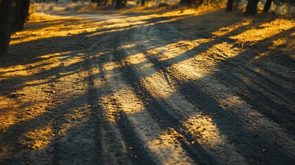 Wall Mural - A sunlit dirt path with long shadows from surrounding trees.