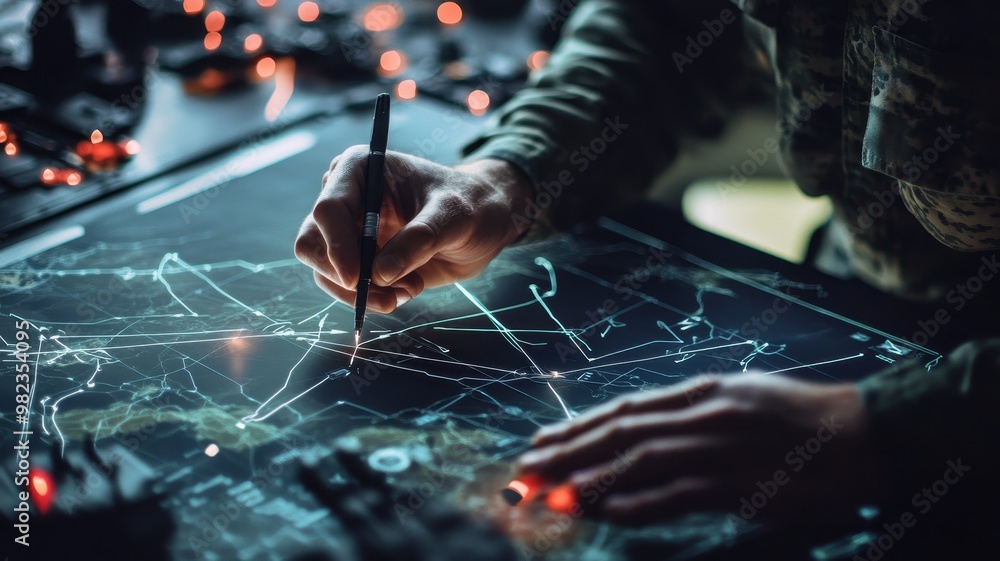 A person drawing on a digital map with glowing connections, surrounded ...