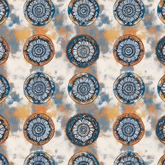 abstract pattern featuring a series of circular mandala-like designs. The layout is a repeating pattern with each circle containing symmetrical, radial designs that resemble traditional mandala art.