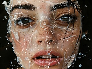 Wall Mural - Water Splash Portrait: A Close Up of a Woman's Face