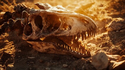 Poster - A detailed dinosaur skull on dry ground, illuminated by warm sunlight, showcasing ancient remains and natural textures. 