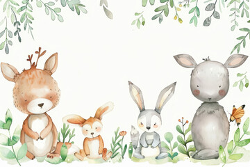 Watercolor cute baby forest animals with space for text, white background, clip art style, white empty space inside frame.