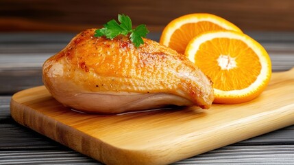 Sticker - A close up of a piece of chicken with orange slices on top, AI