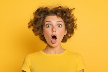 Wall Mural - A woman with a surprised expression on her face is wearing a yellow shirt. She has her mouth open, and her eyes are wide. Concept of shock or surprise