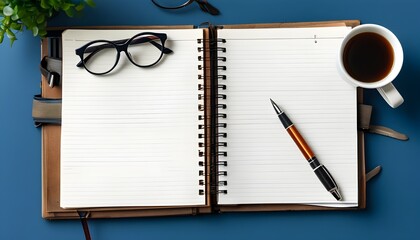 Wall Mural - Innovative Ideas and Insights: A Case Study Reflected on Notebook with Pen and Glasses Against a Blue Background