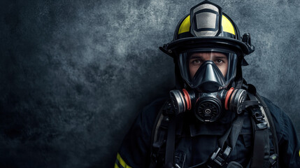 Poster - A man in a fireman's uniform with gas mask on, AI