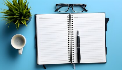 Wall Mural - Innovative Ideas and Insights: A Case Study Reflected on Notebook with Pen and Glasses Against a Blue Background