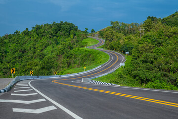 Wall Mural - long curvy forest asphalt road over the hills. beautiful curved road in the forest. side view of roa