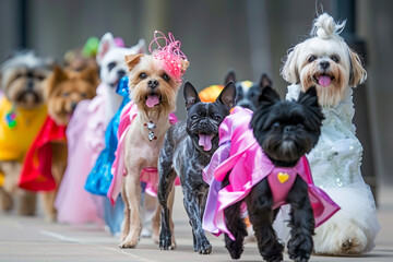 multiple dogs dressed in fashionable outfits, confidently strutting down the runway during a fashion show. Their vibrant costumes and playful expressions bring energy and charm to the event.