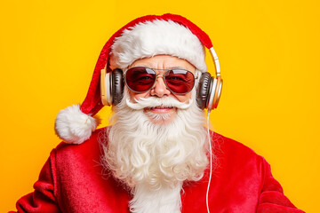 Canvas Print - A man dressed as Santa Claus wearing sunglasses and headphones