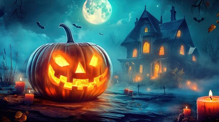 Halloween pumpkin with candlelight in front of a haunted house background,