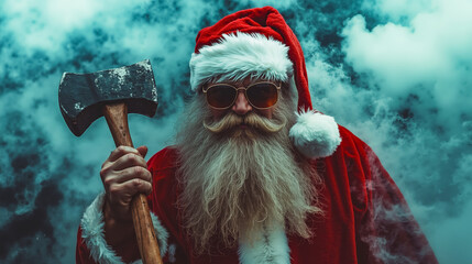 Poster - A man dressed as Santa Claus holding an axe in his hand