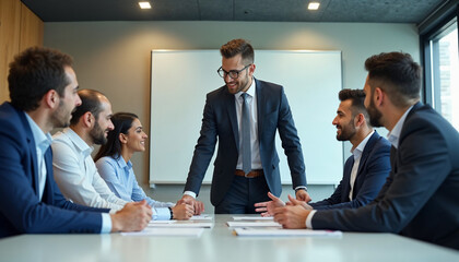 Wall Mural - Diverse team leader holding meeting with multiethnic professionals, stalking to Arabic and Caucasian business people at table, giving training in modern office boardroom. Wide banner shot