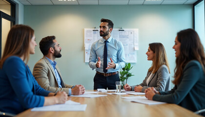 Diverse team leader holding meeting with multiethnic professionals, stalking to Arabic and Caucasian business people at table, giving training in modern office boardroom. Wide banner shot