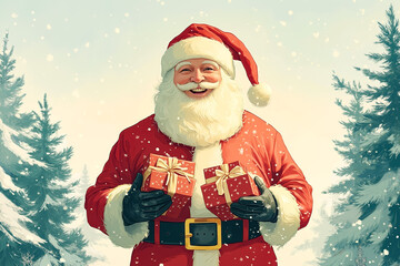 Poster - A man dressed as Santa Claus holding two presents in his hands