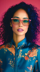 Wall Mural - A woman with curly hair wearing a blue jacket and pink glasses