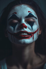 Poster - A woman with a clown face painted like a clown