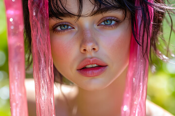 Poster - A woman with pink hair and blue eyes is posing for a picture