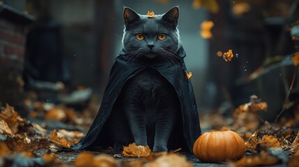 The image of a cat in a cloak, surrounded by Halloween decorations, is a symbol of Halloween or Day of the Dead, which falls on October 31st every year.