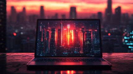 Poster - Laptop with Cityscape Wallpaper