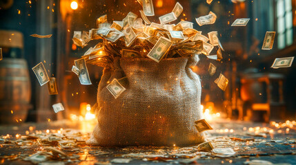 Burlap bag filled with us dollar bills is spilling money onto the floor