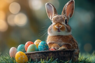 Wall Mural - Cute Easter Bunny with Decorated Eggs