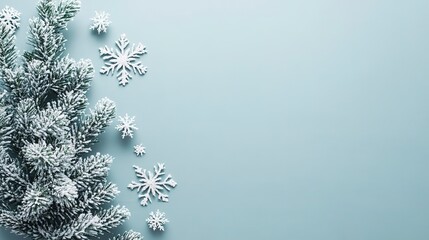 Poster - A stylish minimalist holiday background Christmas tree and a few snowflakes scattered around