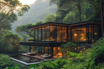 contemporary glasswalled cabin nestled in lush tropical forest blending modern architecture with nature creating an immersive and luxurious retreat