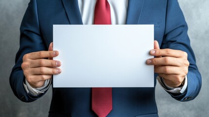 Poster - A man in a suit and tie holding up blank paper, AI