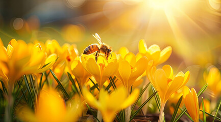 Bees fly to collect pollen from yellow flowers.