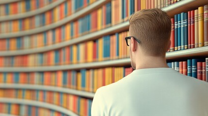 Canvas Print - A man in glasses looking at books on a shelf, AI