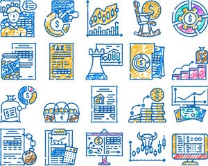 financial advisor consult real doodle icons set vector. sketch line art account plan, cost dashboard, agent busy, analyst budget, meeting, company financial advisor consult real color illustrations