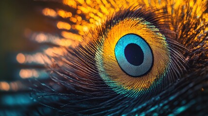 Close-up of a colorful peacock feather showcasing intricate patterns and vibrant hues.