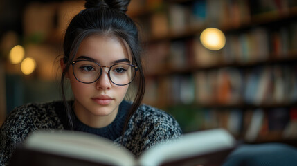 A young woman wearing glasses is deeply focused on reading a book in a quiet library space, surrounded by softly glowing lights and bookshelves