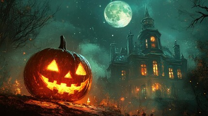 Halloween pumpkin with candlelight in front of a haunted house background,