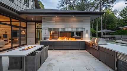 Modern outdoor kitchen featuring elegant cabinets and a modern fire