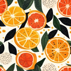 Seamless pattern Bright hand-drawn pattern featuring slices of oranges and grapefruits with leaves and seeds in a colorful design.