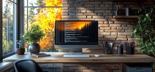 a modern home office desk with a computer, plants, and a brick wall in the background.